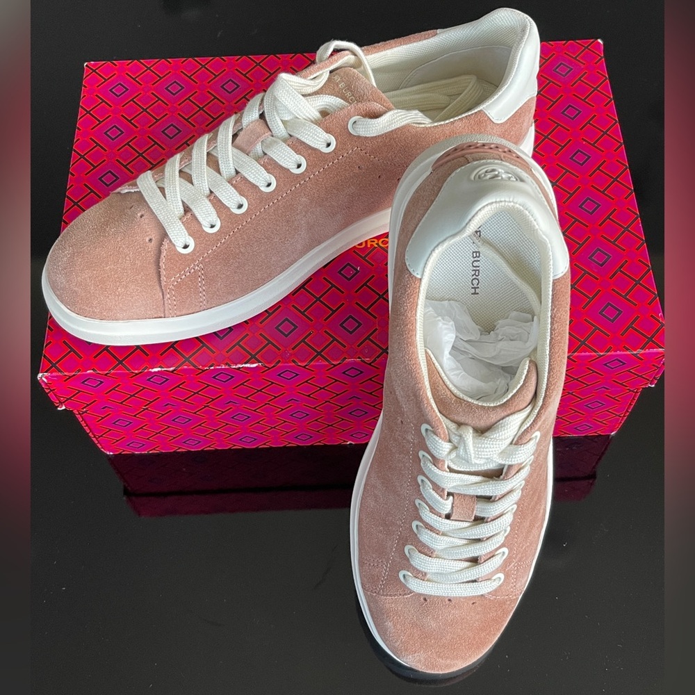 NWB Tory Burch Howell Court Embroidered Suede/Calf Leather Sneakers, Size 9